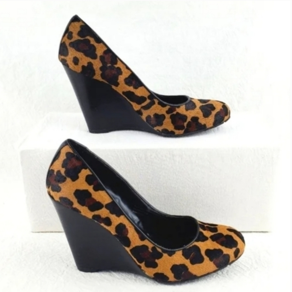 BCBGeneration leapard print real cow fur wedge shoes 6.5